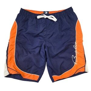 B. Split Mens Swim Trunks Navy Blue Orange Colorblock Mesh Lined Board Shorts 34